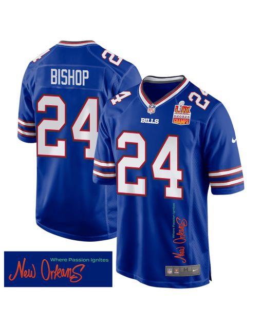 Cole Bishop 24 Buffalo Bills Super Bowl LIX Champions Patch ‘New Orleans – Where Passion Ignites’ EMBROIDERED Game Men Jersey – Royal