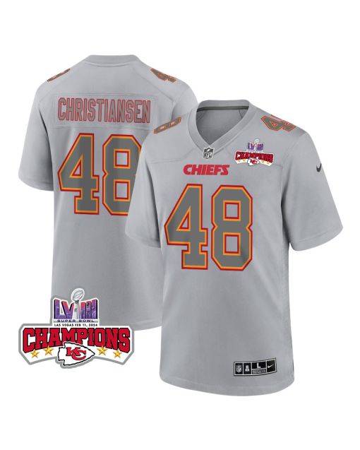 Cole Christiansen 48 Kansas City Chiefs Super Bowl LVIII Champions 4 Stars Patch Atmosphere Fashion Game Men Jersey – Gray