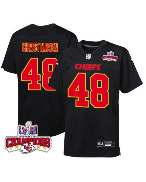 Cole Christiansen 48 Kansas City Chiefs Super Bowl LVIII Champions 4 Stars Patch Fashion Game YOUTH Jersey – Carbon Black