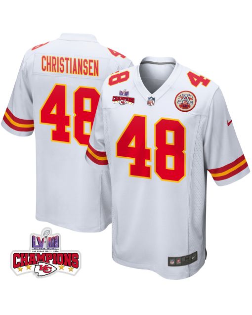 Cole Christiansen 48 Kansas City Chiefs Super Bowl LVIII Champions 4 Stars Patch Game Men Jersey – White