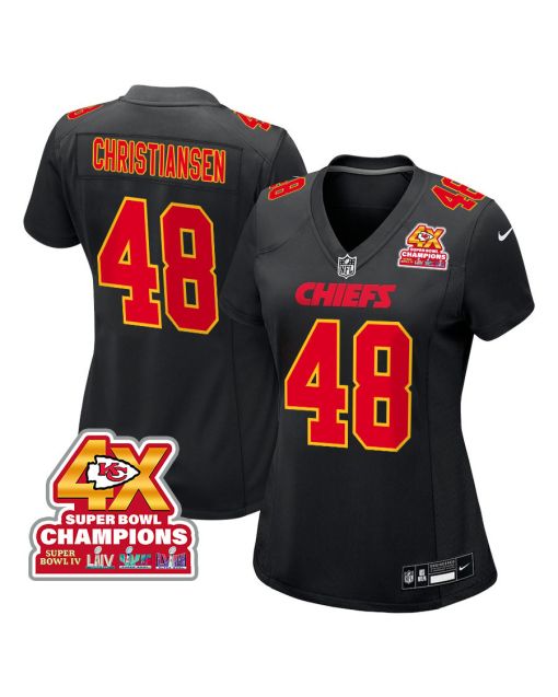 Cole Christiansen 48 Kansas City Chiefs Super Bowl LVIII Champions 4X Fashion Game Women Jersey – Carbon Black