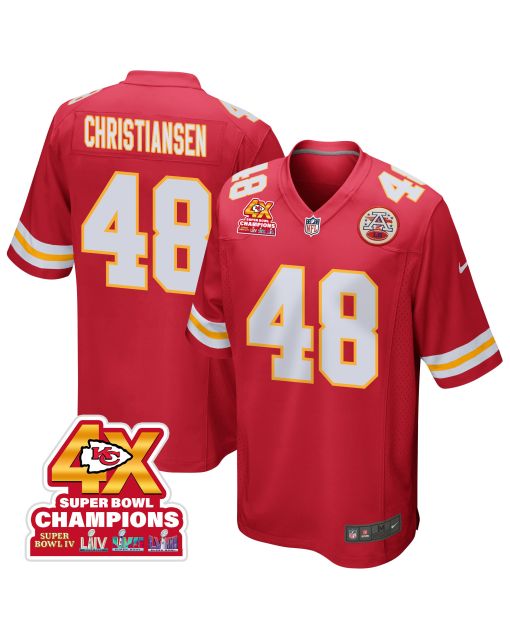 Cole Christiansen 48 Kansas City Chiefs Super Bowl LVIII Champions 4X Game Men Jersey – Red