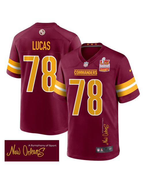 Cornelius Lucas 78 Washington Commanders Super Bowl LIX Champions Patch ‘New Orleans – A Symphony of Sport’ EMBROIDERED Game Men Jersey – Burgundy