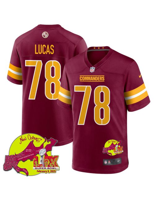 Cornelius Lucas 78 Washington Commanders Super Bowl LIX New Orleans Patch Game Men Jersey – Burgundy