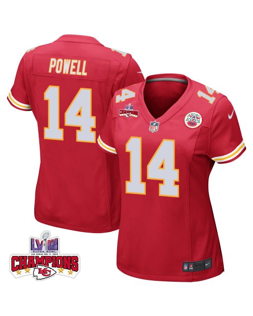 Cornell Powell 14 Kansas City Chiefs Super Bowl LVIII Champions 4 Stars Patch Game Women Jersey – Red
