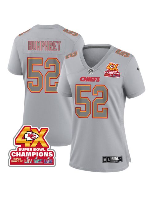 Creed Humphrey 52 Kansas City Chiefs Super Bowl LVIII Champions 4X Atmosphere Fashion Game Women Jersey – Gray
