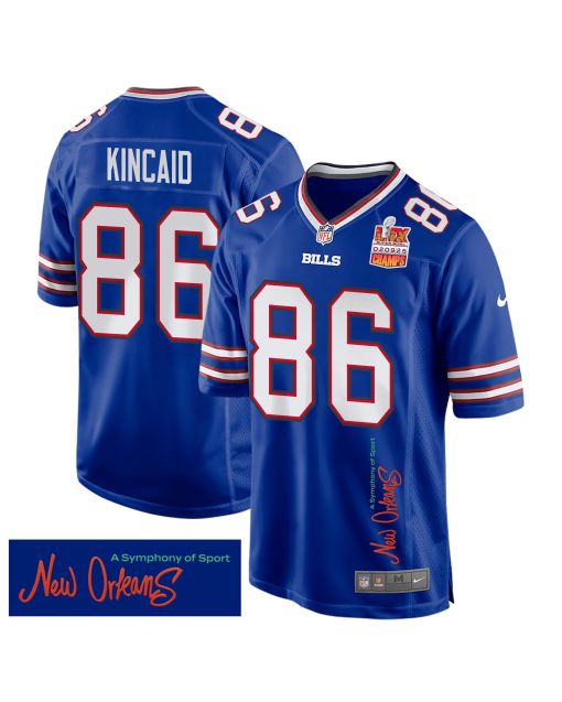 Dalton Kincaid 86 Buffalo Bills Super Bowl LIX Champions Patch ‘New Orleans – A Symphony of Sport’ EMBROIDERED Game Men Jersey – Royal