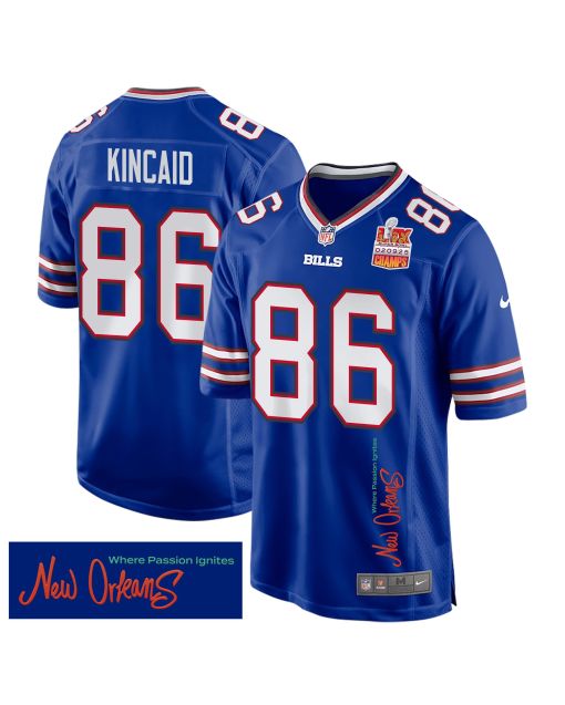 Dalton Kincaid 86 Buffalo Bills Super Bowl LIX Champions Patch ‘New Orleans – Where Passion Ignites’ EMBROIDERED Game Men Jersey – Royal