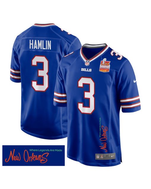 Damar Hamlin 3 Buffalo Bills Super Bowl LIX Champions Patch ‘New Orleans – Where Legends Are Made’ EMBROIDERED Game Men Jersey – Royal
