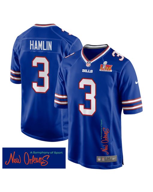 Damar Hamlin 3 Buffalo Bills Super Bowl LIX ‘New Orleans – A Symphony of Sport’ EMBROIDERED Game Men Jersey – Royal