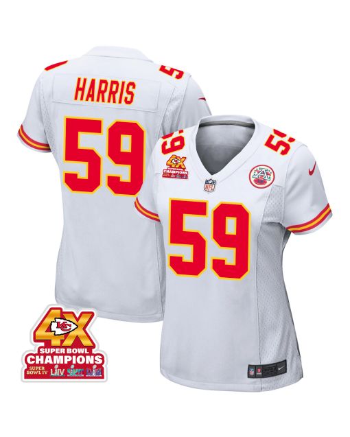 Darius Harris 59 Kansas City Chiefs Super Bowl LVIII Champions 4X Game Women Jersey – White