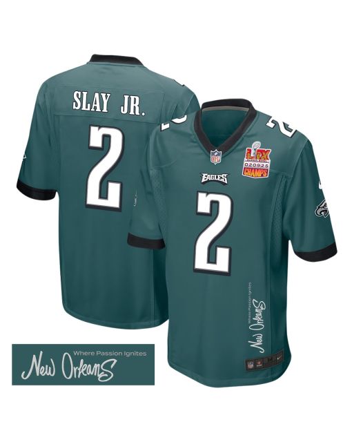 Darius Slay Jr. 2 Philadelphia Eagles Super Bowl LIX Champions Patch ‘New Orleans – Where Passion Ignites’ EMBROIDERED Game Men Jersey – Midnight Green