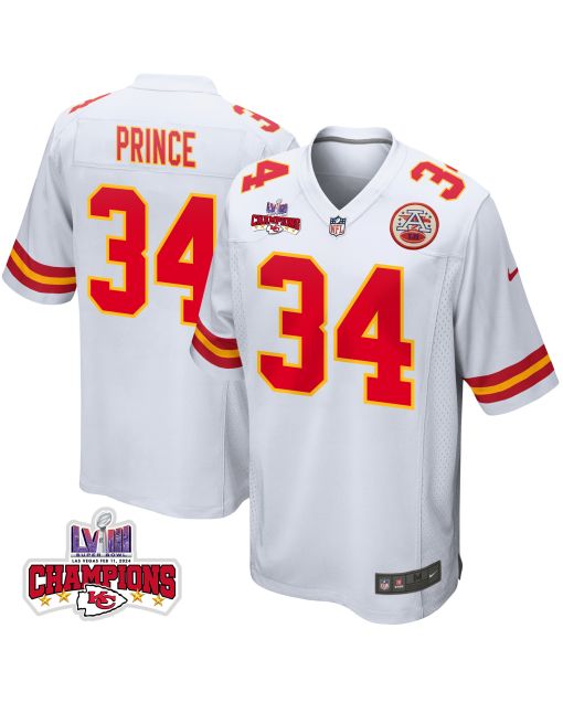 Deneric Prince 34 Kansas City Chiefs Super Bowl LVIII Champions 4 Stars Patch Game Men Jersey – White