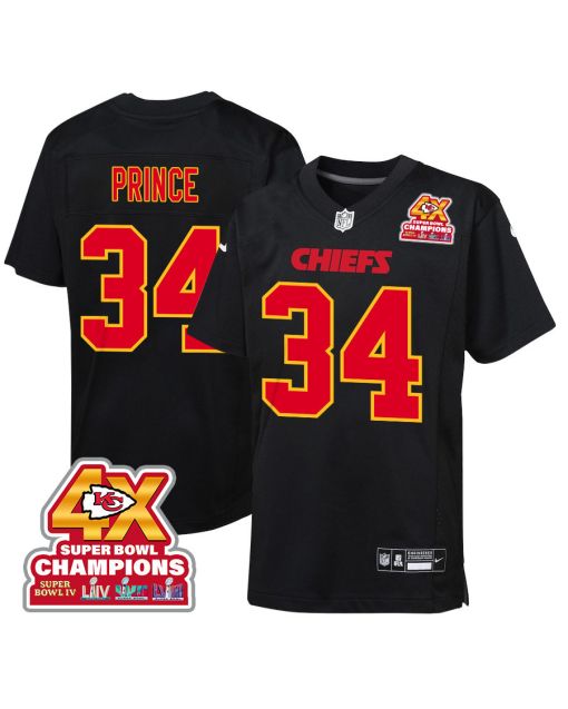 Deneric Prince 34 Kansas City Chiefs Super Bowl LVIII Champions 4X Fashion Game YOUTH Jersey – Carbon Black