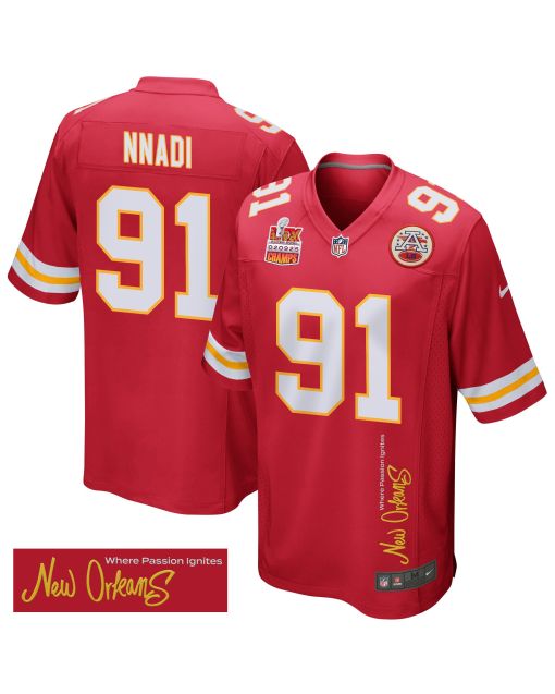 Derrick Nnadi 91 Kansas City Chiefs Super Bowl LIX Champions Patch ‘New Orleans – Where Passion Ignites’ EMBROIDERED Game Men Jersey – Red