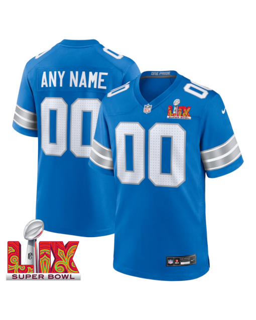 Detroit Lions Super Bowl LIX Patch Game Men Custom Jersey – Blue