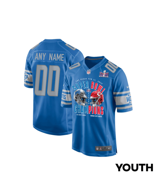 Detroit Lions vs. Kansas City Chiefs Super Bowl LVIII Matchup Game Custom YOUTH Jersey – Blue
