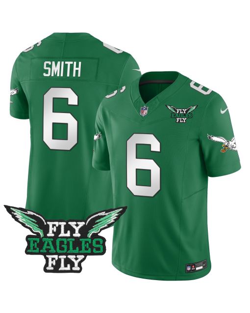 DeVonta Smith 6 Philadelphia Eagles Fly Eagles Fly Patch Alternate Game Men Jersey – Kelly Green
