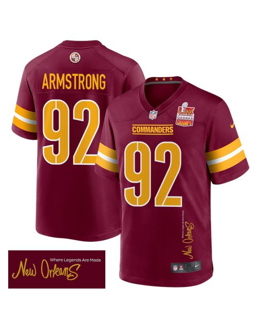 Dorance Armstrong 92 Washington Commanders Super Bowl LIX Champions Patch ‘New Orleans – Where Legends Are Made’ EMBROIDERED Game Men Jersey – Burgundy