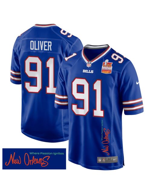 Ed Oliver 91 Buffalo Bills Super Bowl LIX Champions Patch ‘New Orleans – Where Passion Ignites’ EMBROIDERED Game Men Jersey – Royal