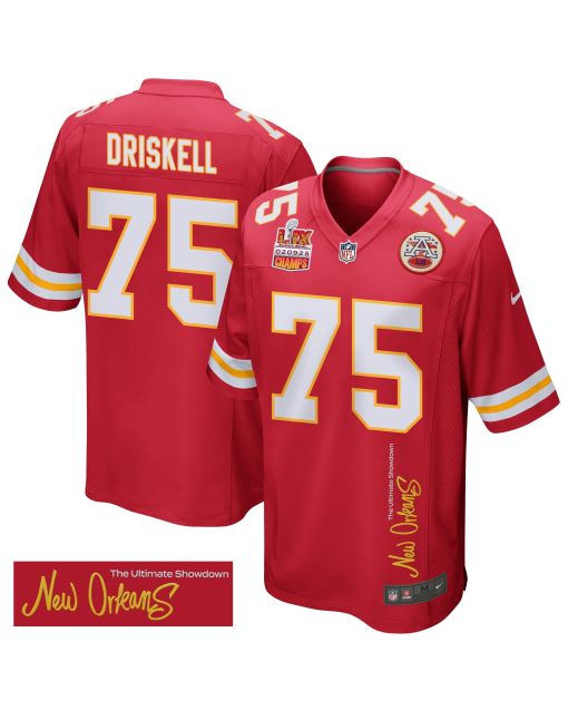 Ethan Driskell 75 Kansas City Chiefs Super Bowl LIX Champions Patch ‘New Orleans – The Ultimate Showdown’ EMBROIDERED Game Men Jersey – Red