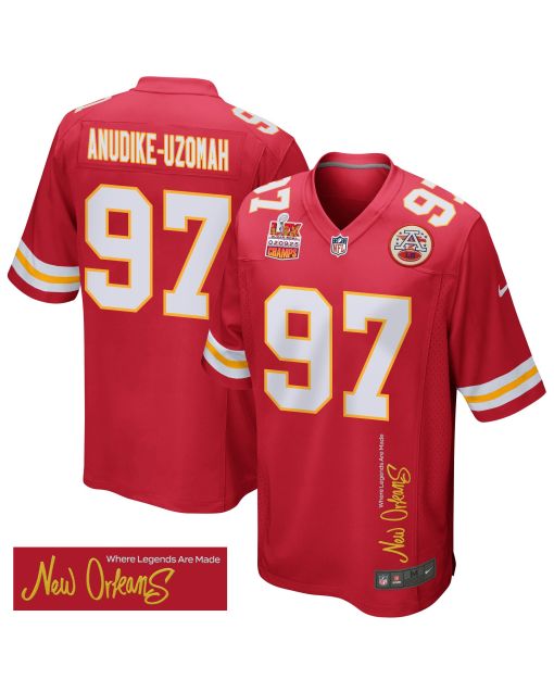 Felix Anudike-Uzomah 97 Kansas City Chiefs Super Bowl LIX Champions Patch ‘New Orleans – Where Legends Are Made’ EMBROIDERED Game Men Jersey – Red