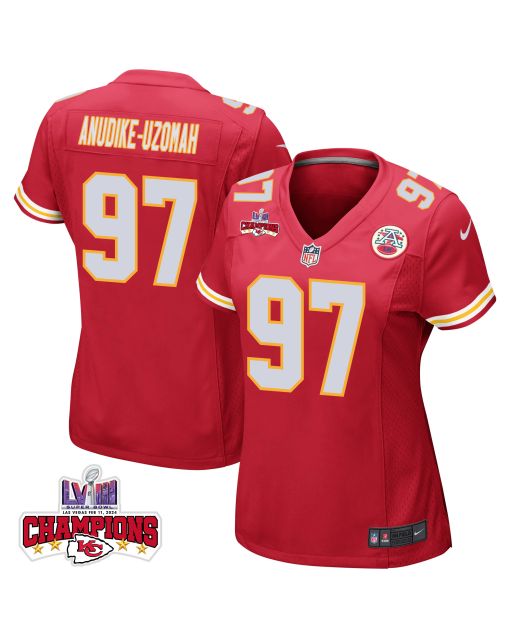 Felix Anudike-Uzomah 97 Kansas City Chiefs Super Bowl LVIII Champions 4 Stars Patch Game Women Jersey – Red