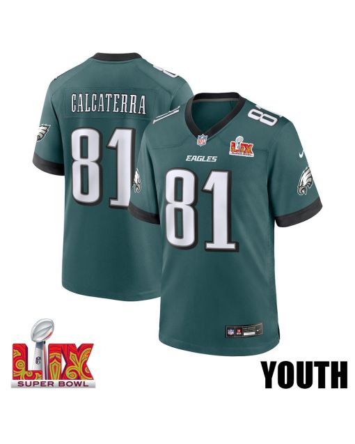 Grant Calcaterra #81 Philadelphia Eagles Super Bowl LIX YOUTH Jersey – Midnight Green