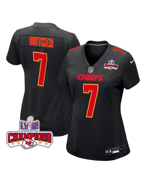 Harrison Butker 7 Kansas City Chiefs Super Bowl LVIII Champions 4 Stars Patch Fashion Game Women Jersey – Carbon Black