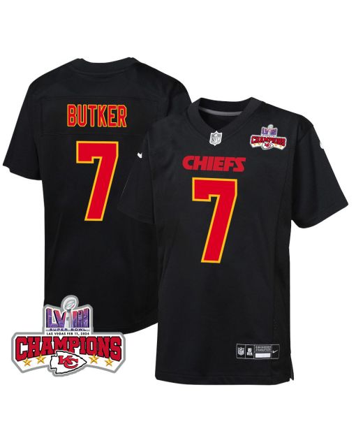 Harrison Butker 7 Kansas City Chiefs Super Bowl LVIII Champions 4 Stars Patch Fashion Game YOUTH Jersey – Carbon Black