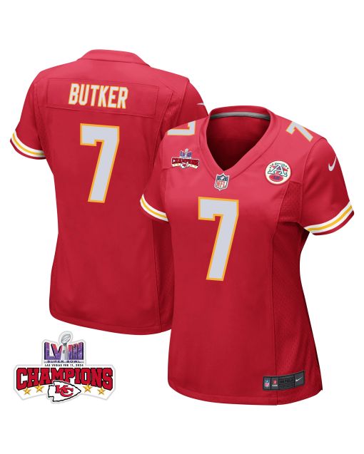 Harrison Butker 7 Kansas City Chiefs Super Bowl LVIII Champions 4 Stars Patch Game Women Jersey – Red