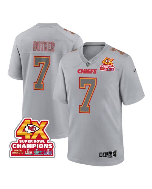 Harrison Butker 7 Kansas City Chiefs Super Bowl LVIII Champions 4X Atmosphere Fashion Game Men Jersey – Gray