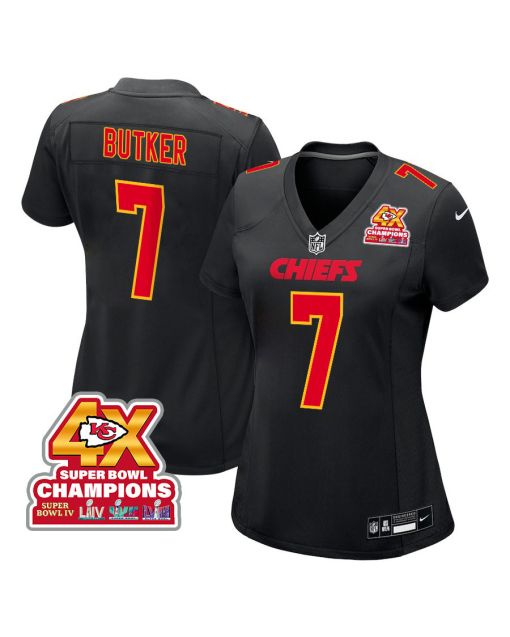 Harrison Butker 7 Kansas City Chiefs Super Bowl LVIII Champions 4X Fashion Game Women Jersey – Carbon Black