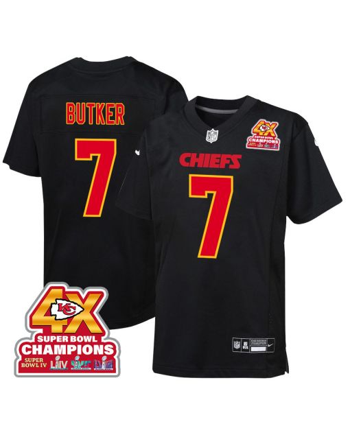 Harrison Butker 7 Kansas City Chiefs Super Bowl LVIII Champions 4X Fashion Game YOUTH Jersey – Carbon Black