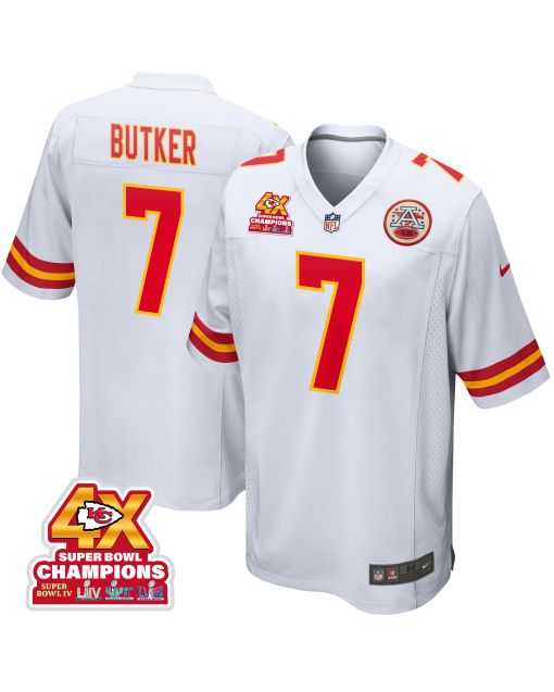 Harrison Butker 7 Kansas City Chiefs Super Bowl LVIII Champions 4X Game Men Jersey – White
