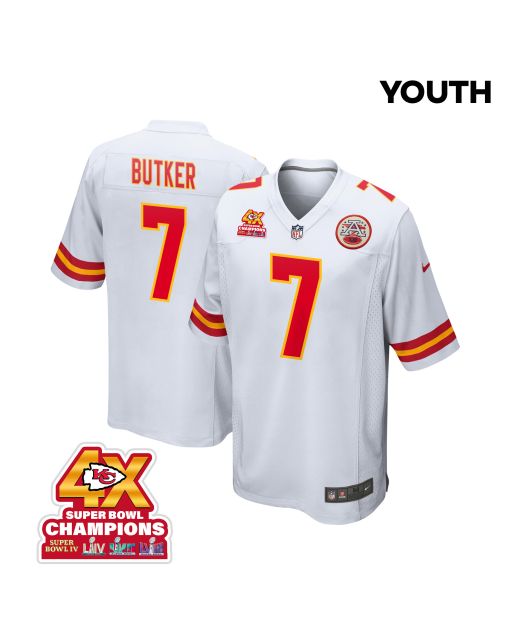Harrison Butker 7 Kansas City Chiefs Super Bowl LVIII Champions 4X Game YOUTH Jersey – White