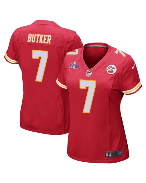 Harrison Butker 7 Kansas City Chiefs Super Bowl LVIII Patch Game Women Jersey – Red