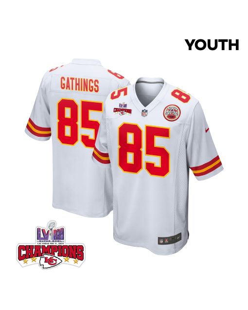 Izaiah Gathings 85 Kansas City Chiefs Super Bowl LVIII Champions 4 Stars Patch Game YOUTH Jersey – White