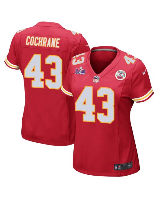 Jack Cochrane 43 Kansas City Chiefs Super Bowl LVIII Patch Game Women Jersey – Red