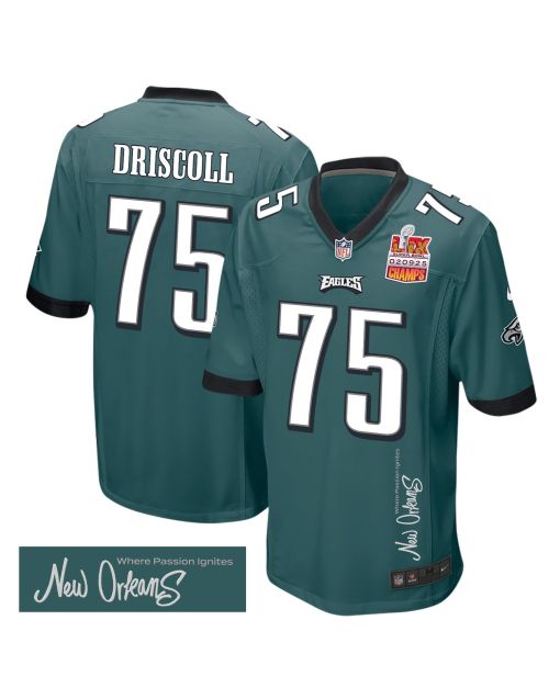 Jack Driscoll 75 Philadelphia Eagles Super Bowl LIX Champions Patch ‘New Orleans – Where Passion Ignites’ EMBROIDERED Game Men Jersey – Midnight Green