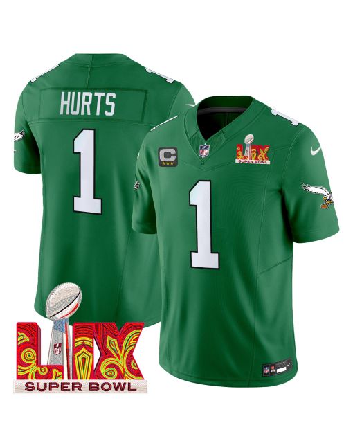 Jalen Hurts 1 Philadelphia Eagles Kelly Green Super Bowl Champions LIX Patch Vapor Limited Jersey – Kelly Green
