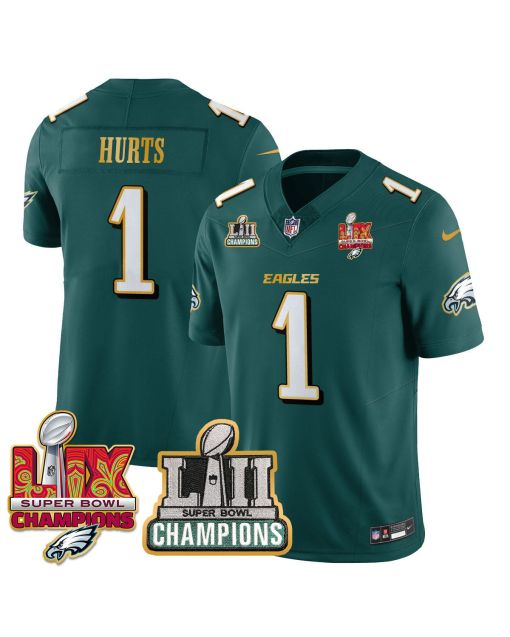 Jalen Hurts 1 Philadelphia Eagles LII-LIX Super Bowl Champions Vapor Limited Gold Jersey – Midnight Green