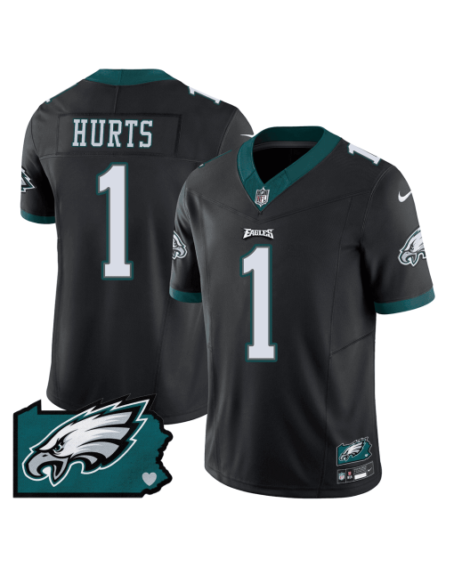 Jalen Hurts 1 Philadelphia Eagles Pennsylvania State Map Patch Game Men Jersey – Black