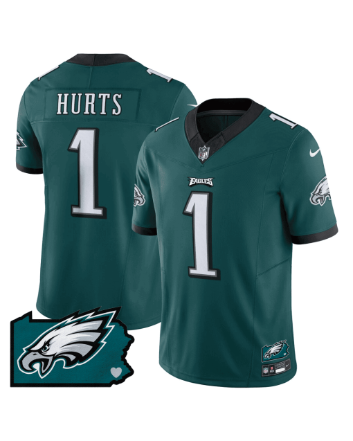 Jalen Hurts 1 Philadelphia Eagles Pennsylvania State Map Patch Game Men Jersey – Midnight Green
