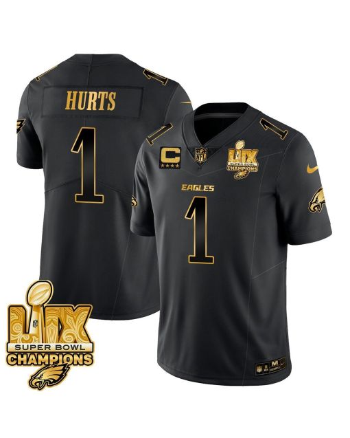 Jalen Hurts 1 Philadelphia Eagles Super Bowl LIX Champions Gold Vapor Limited Jersey – Black Gold