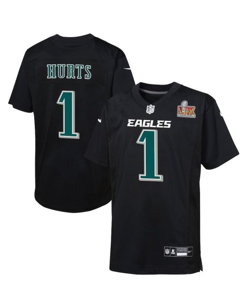 Jalen Hurts 1 Philadelphia Eagles Youth Super Bowl LIX Patch Fashion Game Player Jersey – Carbon Black