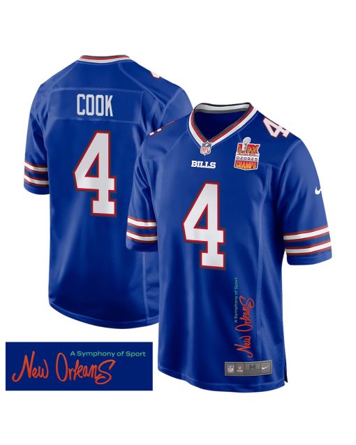 James Cook 4 Buffalo Bills Super Bowl LIX Champions Patch ‘New Orleans – A Symphony of Sport’ EMBROIDERED Game Men Jersey – Royal