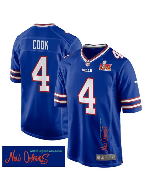 James Cook 4 Buffalo Bills Super Bowl LIX ‘New Orleans – Where Legends Are Made’ EMBROIDERED Game Men Jersey – Royal