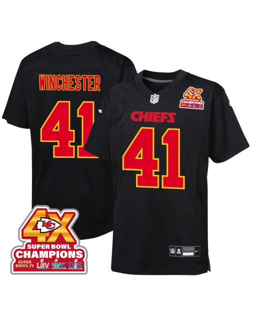James Winchester 41 Kansas City Chiefs Super Bowl LVIII Champions 4X Fashion Game YOUTH Jersey – Carbon Black