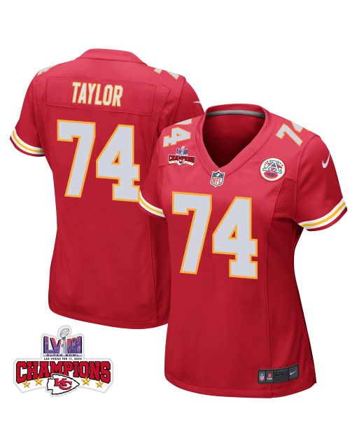 Jawaan Taylor 74 Kansas City Chiefs Super Bowl LVIII Champions 4 Stars Patch Game Women Jersey – Red